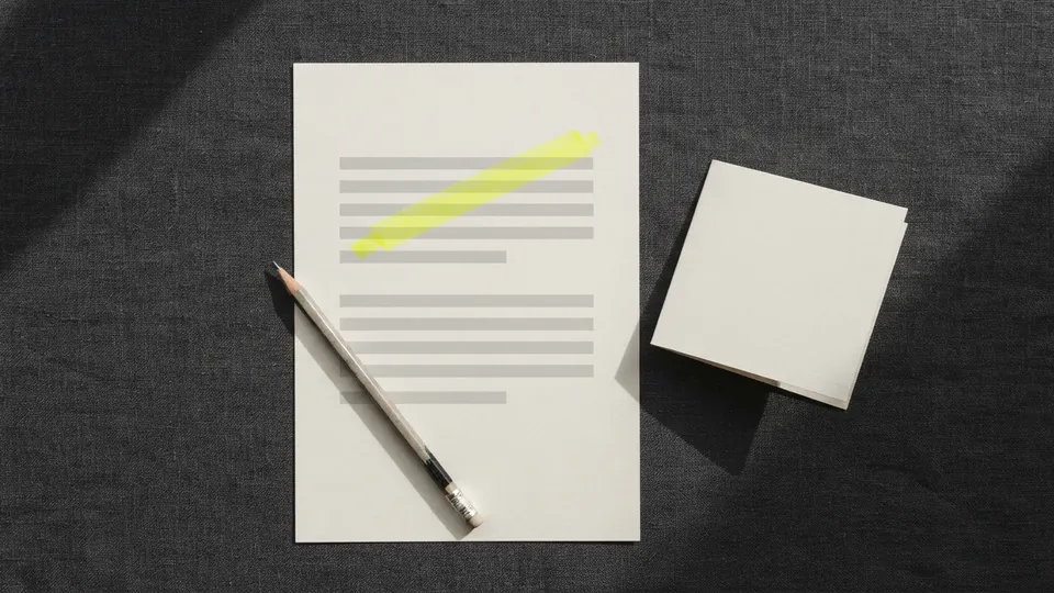 A printed page with one yellow line beside a pencil and a small folded note card on a charcoal desk