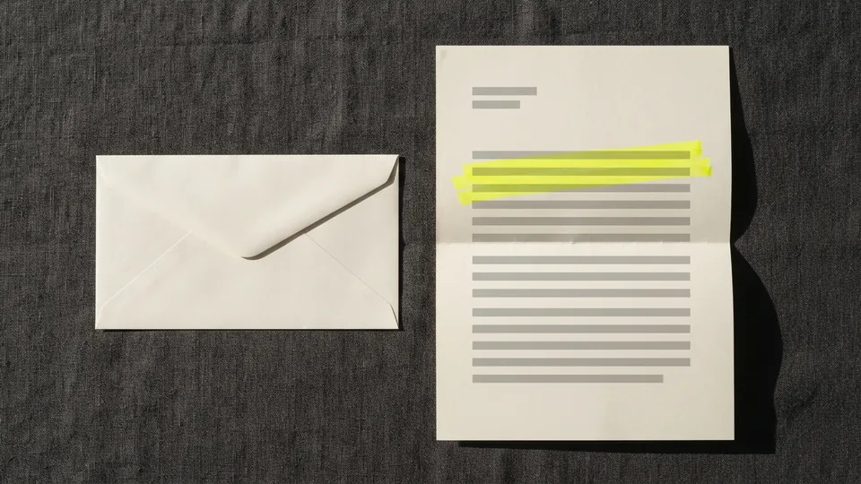 A plain envelope beside an unfolded letter with one line marked in yellow