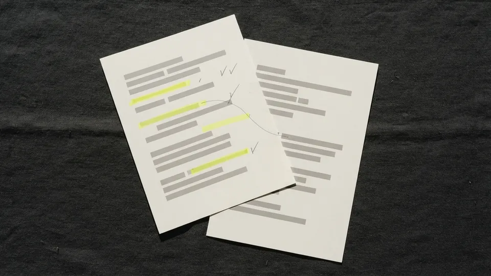 Two overlapping printed pages, highlighted lines on the top page joined by a thin pencil line to their match on the page below