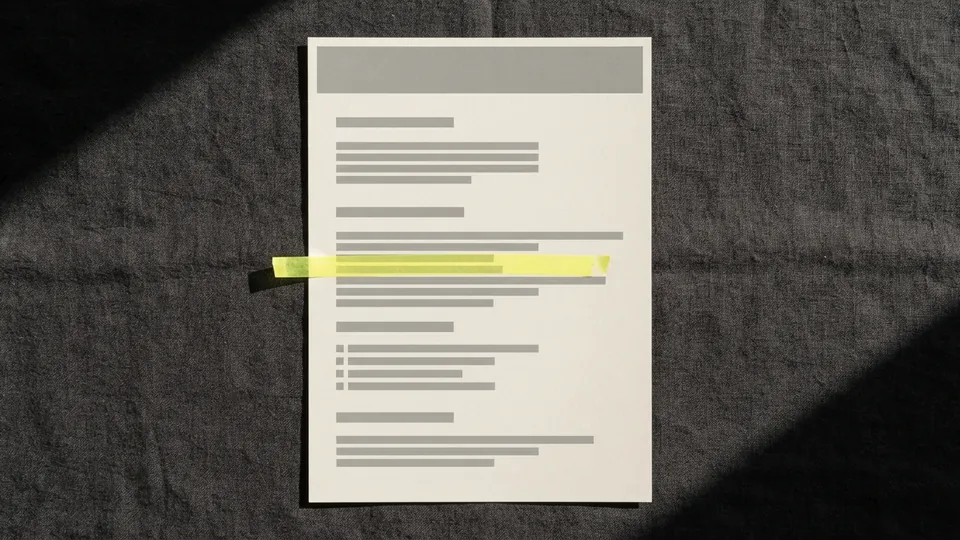 A printed page with a grey header band and one line marked in yellow, like a web page on paper