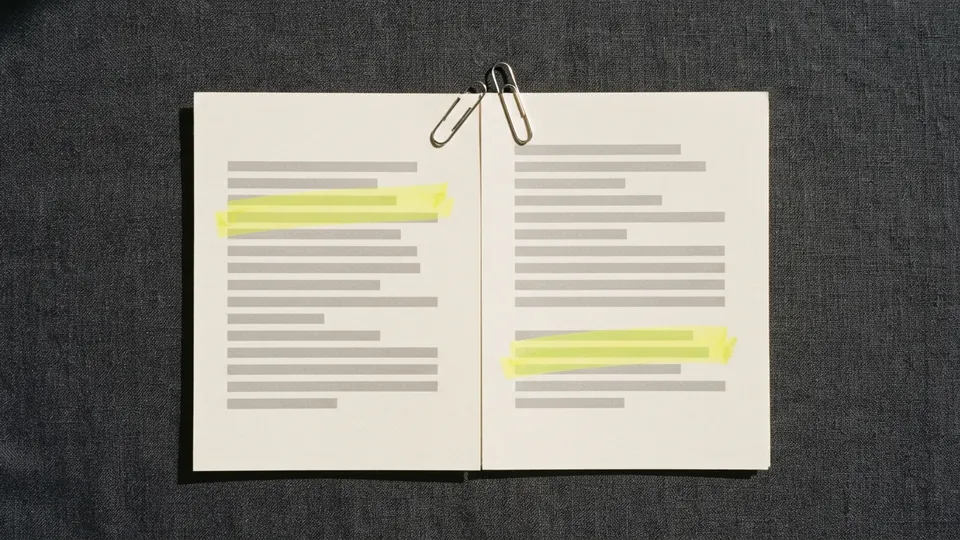 Two printed pages joined at the top by two linked paper clips, each page with one yellow line
