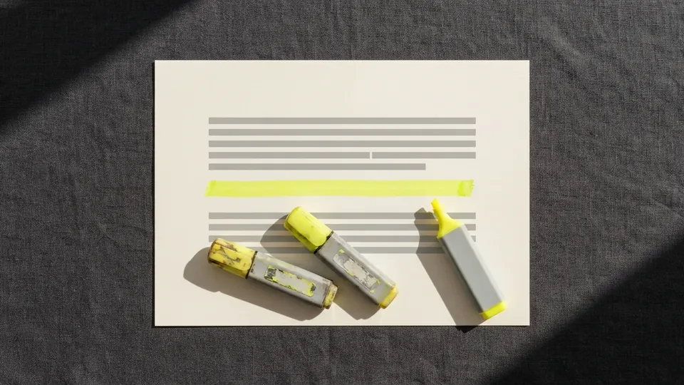Two worn old highlighters and a new one lying on a page with one yellow line