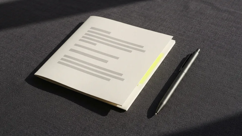 A page folded shut beside a closed pen, with only a sliver of its yellow line showing at the edge