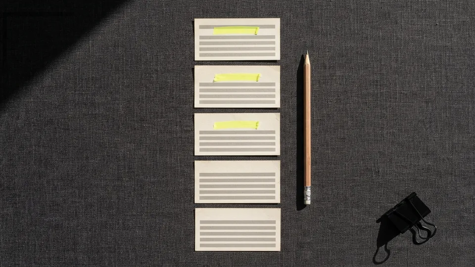 A column of five index cards laid out like a bibliography, three of them with a yellow highlighter stroke on the top line, a pencil beside them