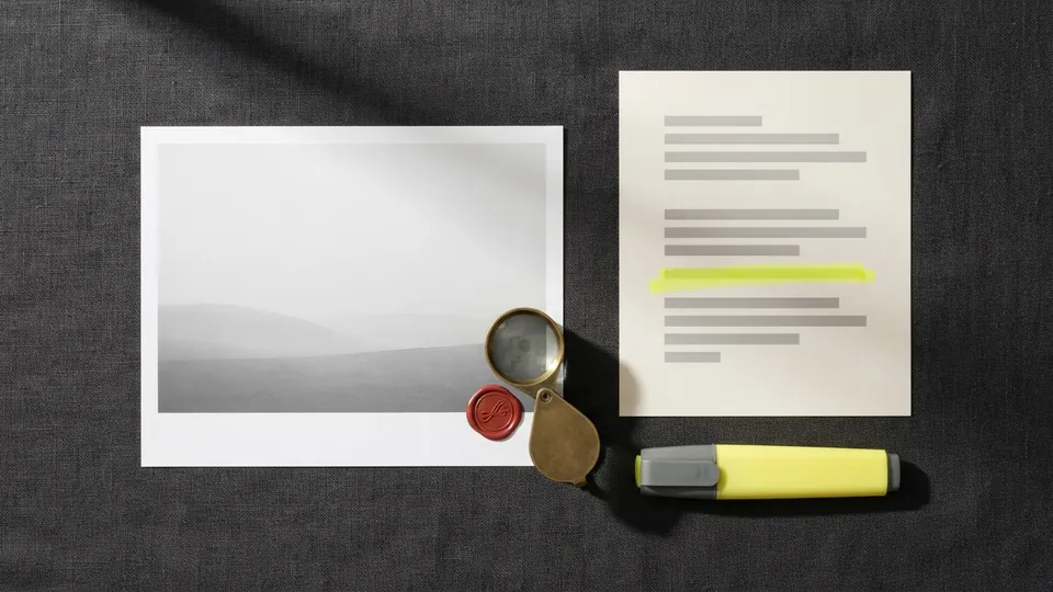 A matte photographic print with a small wax seal on its corner under a loupe, beside a caption sheet with one yellow highlighted line