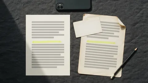 A printed page with a highlighted passage next to a yellowed archived copy of the same page, a blank dated card and a phone face down