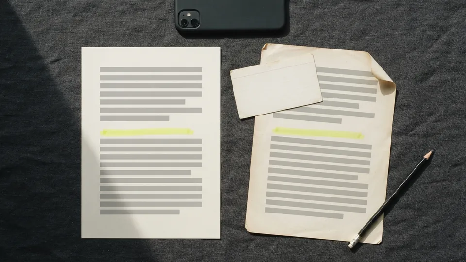 A printed page with a highlighted passage next to a yellowed archived copy of the same page, a blank dated card and a phone face down