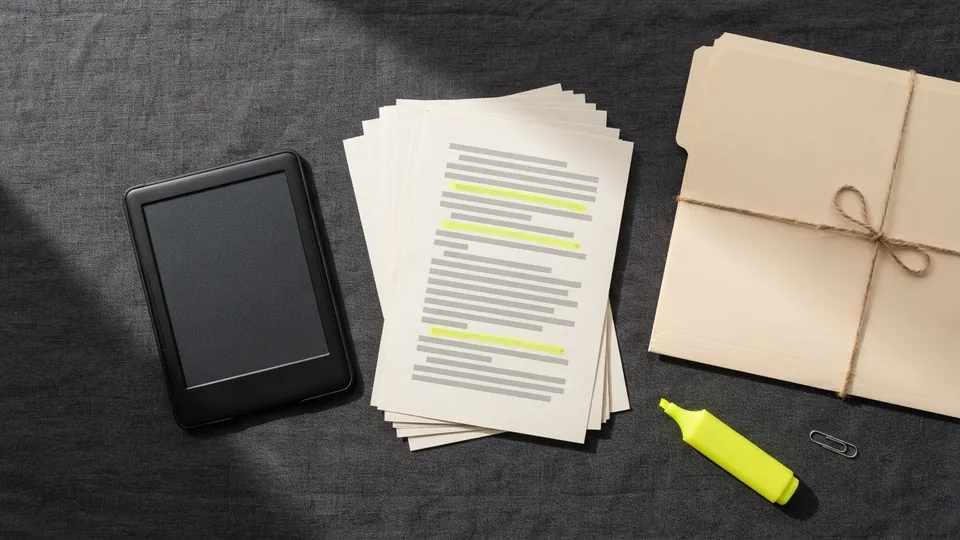 A closed e-reader face down beside a pile of highlighted pages and a manila folder tied with twine