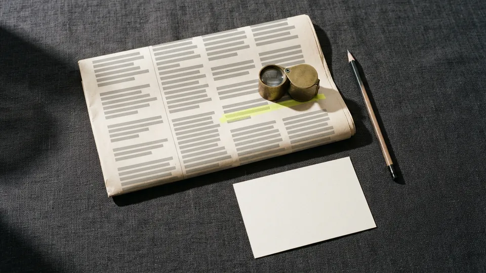 A folded old newspaper with one line in a column highlighted in yellow, a loupe resting on it and a blank poster card below