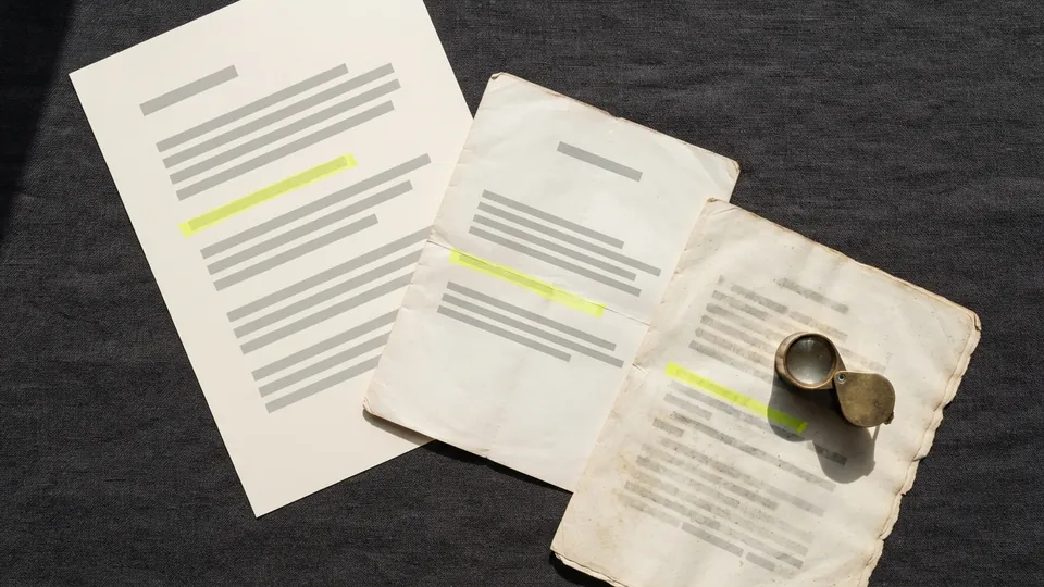 Three documents in a chain from a modern printout to an aged manuscript, the same line highlighted on each, a loupe on the oldest