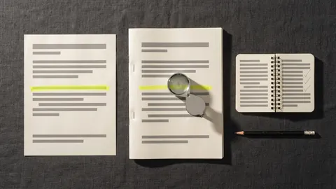 A news clipping and a stapled report side by side with one yellow highlighted line each, a loupe on the report and a reporter's notebook with two pencilled ticks