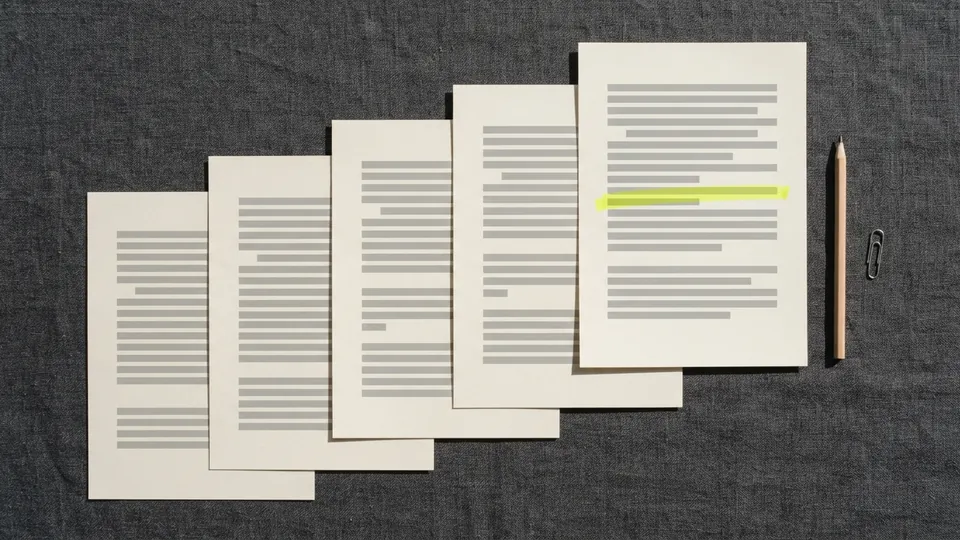 Five versions of the same page laid in a row like a timeline, each longer than the last, the final one with a yellow highlight