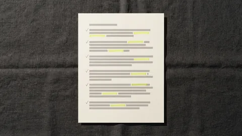A printed page with an identical pencil tick beside every paragraph and a few short yellow marks