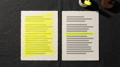 Two printed pages side by side, one almost fully highlighted and one with a single yellow line