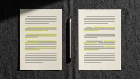 Two versions of a printed page side by side with a pencil between them and the changed passages marked in yellow