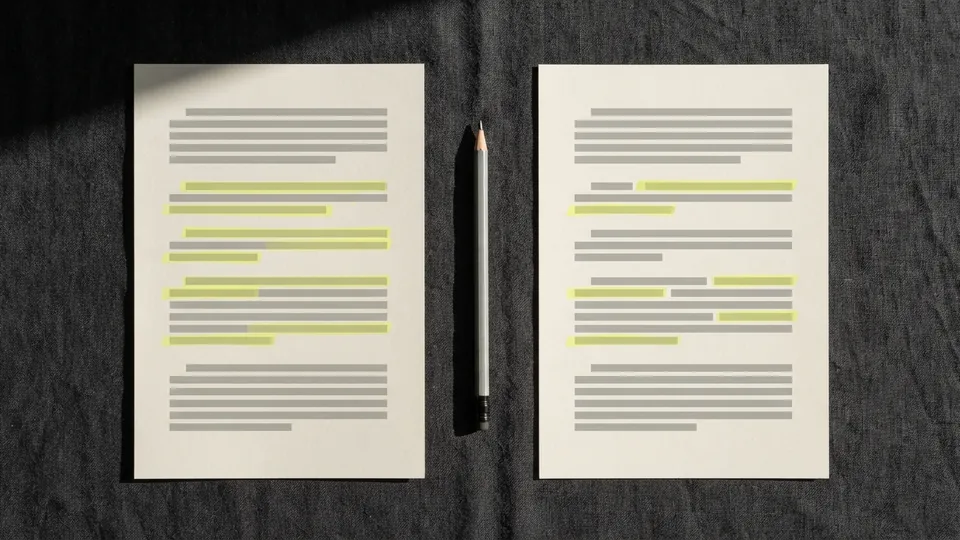 Two versions of a printed page side by side with a pencil between them and the changed passages marked in yellow