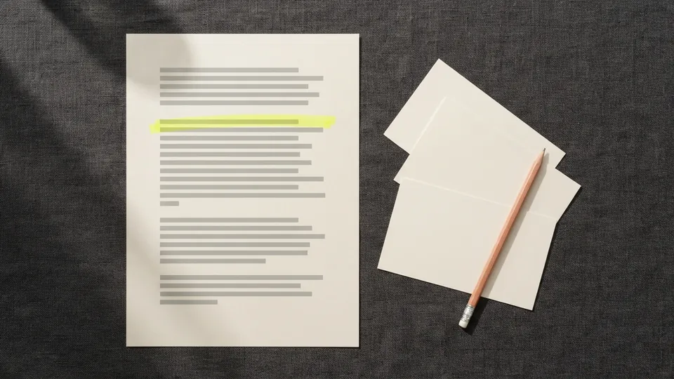 A page with one highlighted line next to three fanned blank index cards and a pencil