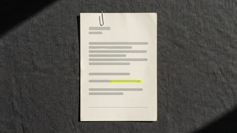 A plain printed page with a paper clip at the top, one short yellow line and a thin rule near the bottom