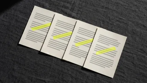Four overlapping printed pages in a row, each with one yellow line, like a reading queue