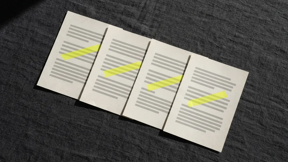 Four overlapping printed pages in a row, each with one yellow line, like a reading queue