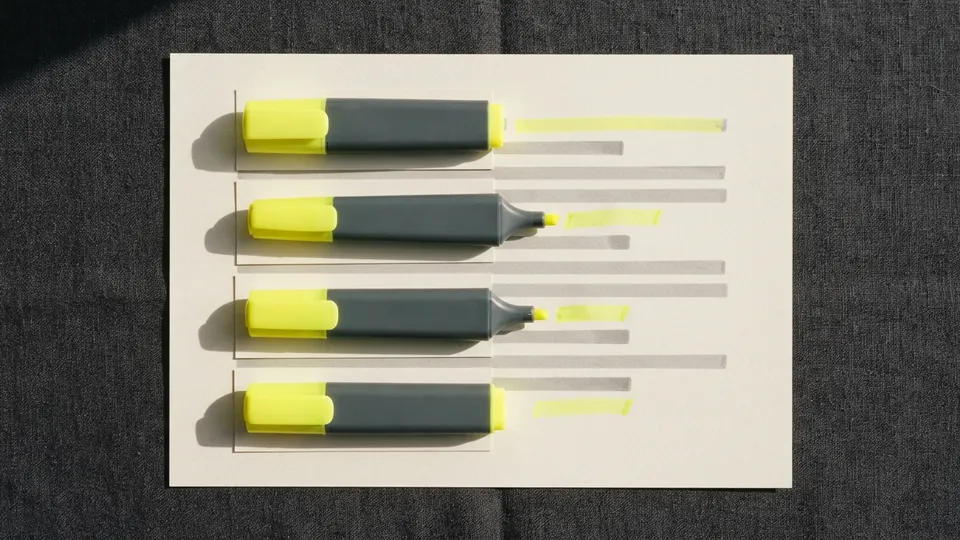 Four highlighter pens laid side by side on blank cards over a page, each with its own test stroke