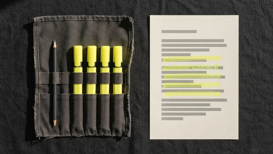 A canvas tool roll holding four yellow-capped highlighters and a pencil, beside a page with a few marked lines