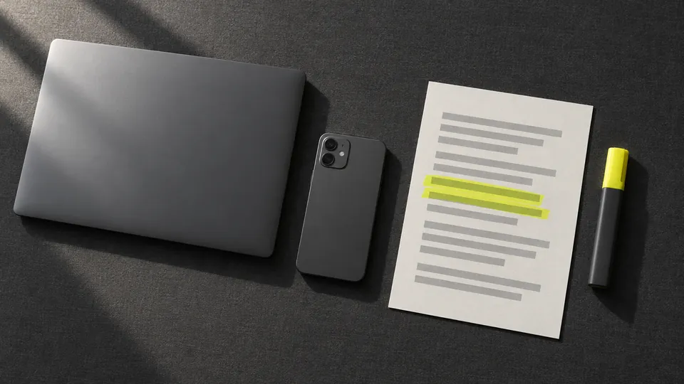 A closed laptop and a phone lying face down beside a printed page with one passage marked in yellow highlighter