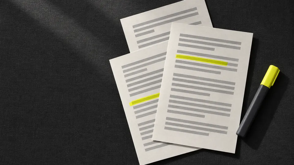 Three sheets of printed paper on a charcoal desk, two lines marked with yellow highlighter, a highlighter pen beside them