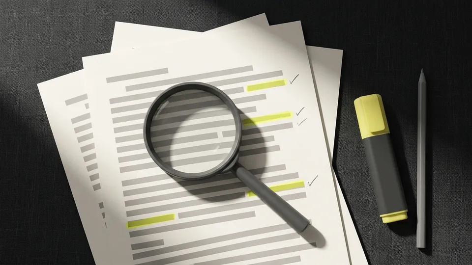 A magnifying loupe over a printed page where single lines are marked in yellow and ticked in pencil in the margin